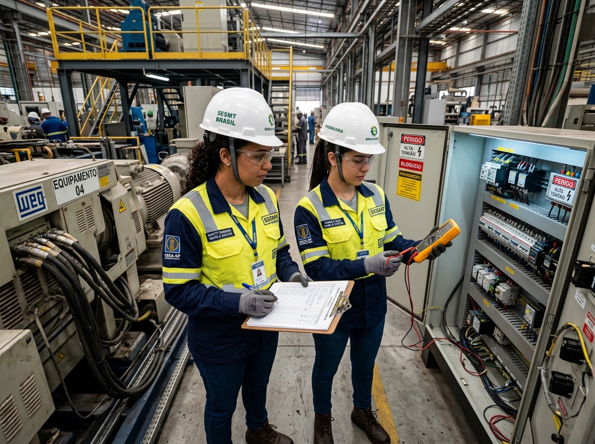Engenheiras de Segurança inspecionando máquinas industriais e painéis elétricos
