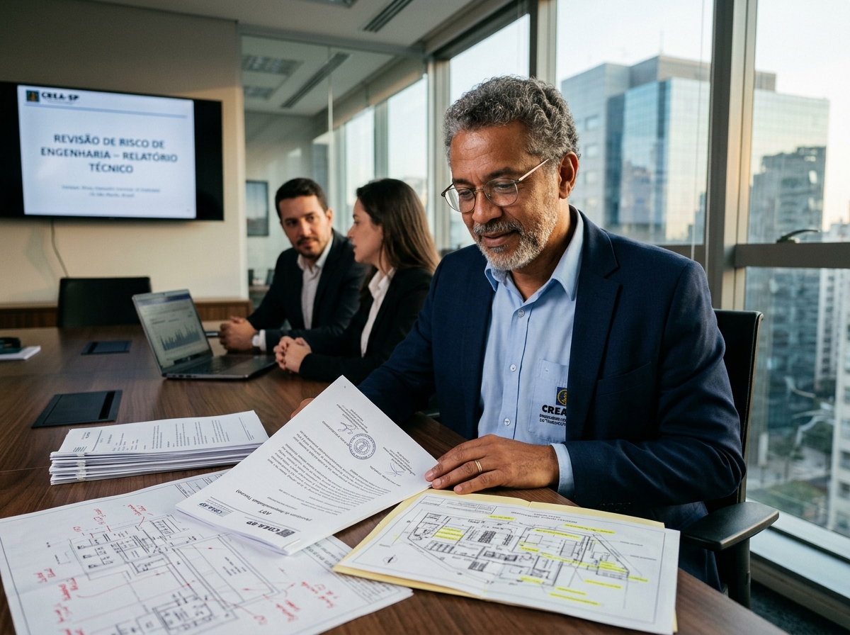 Engenheiro Perito Tiago da Silva em reunião técnica analisando laudos e projetos
